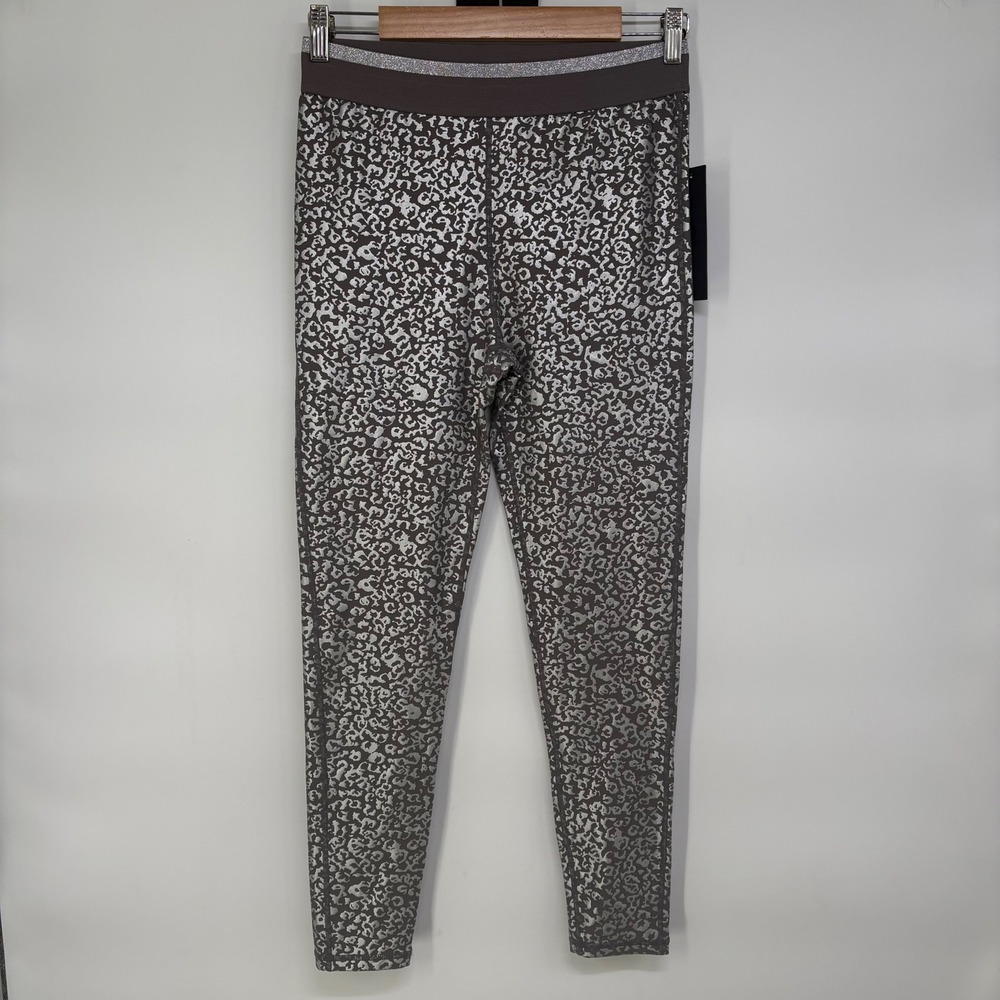 Mono B Womens Silver Leopard Foil Print Activewear Leggings L Mob Wife Fun